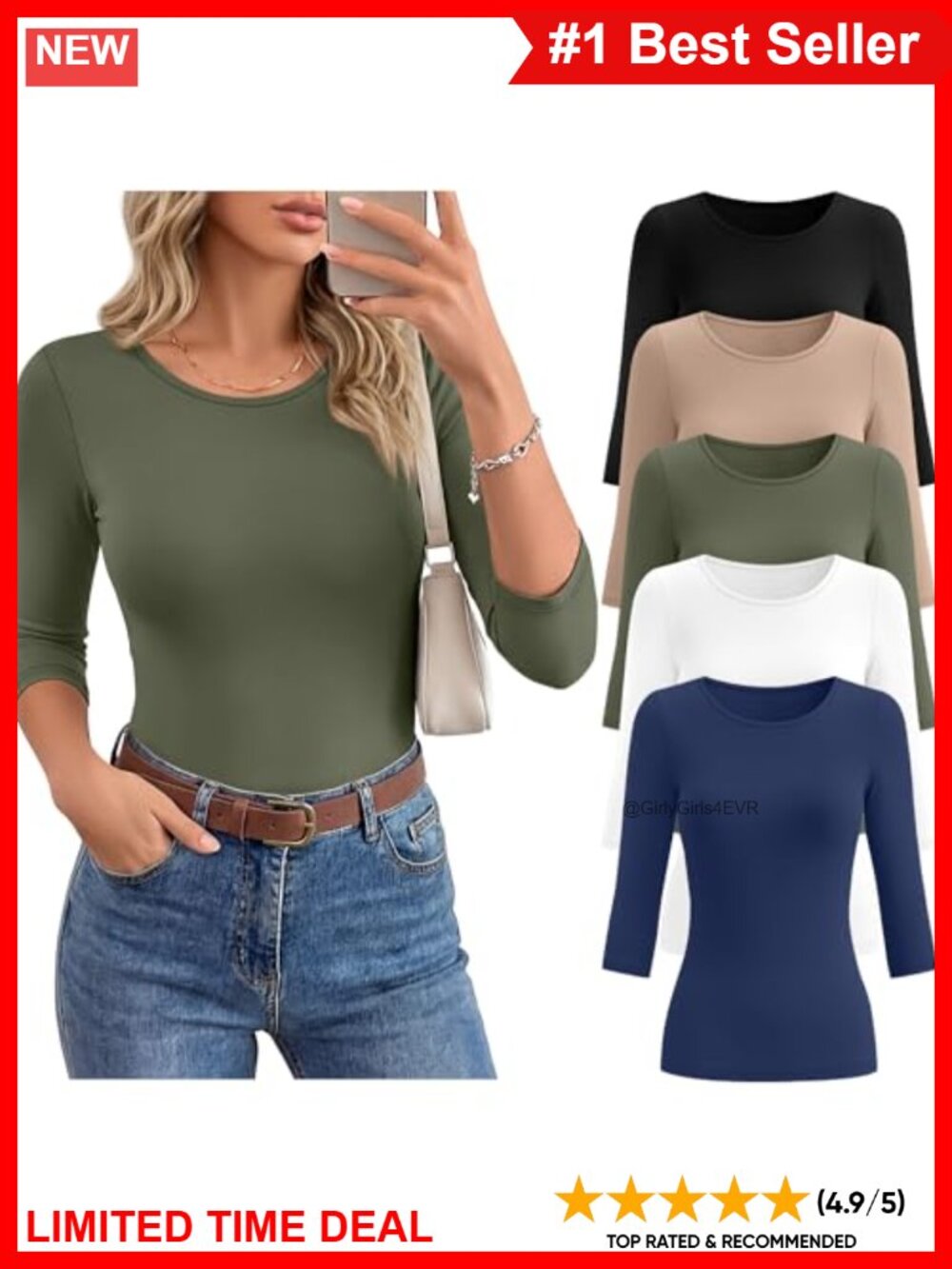 5 Pack Women's 3/4 Sleeve Cotton Blend T-Shirts Slim Fit Crew Neck